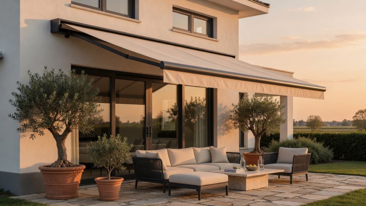 Zonnescherm boven een terras in avondlicht